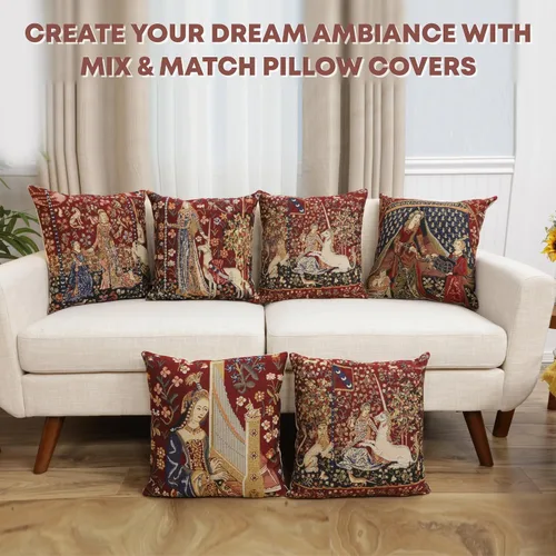 Miniatura 4 de Charlotte Home Furnishings - Funda de almohada para sofá de 16 x 16 pulgadas, funda de almohada decorativa roja Dama y Unicornio, tapiz medieval