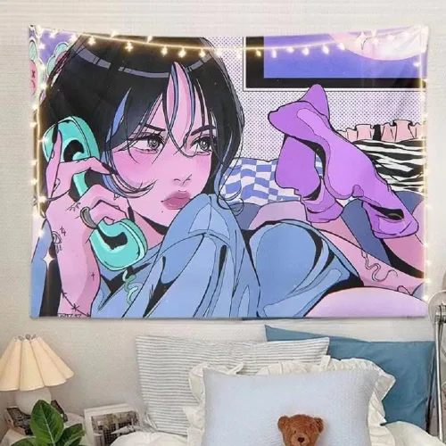 Miniatura 5 de SUFUZEGA Tapiz de Chica de Anime Japonés Kawaii Esteticismo Impresión 3D Arte de Anime para Colgar en la Pared, para Sala de Estar Dormitorio R01