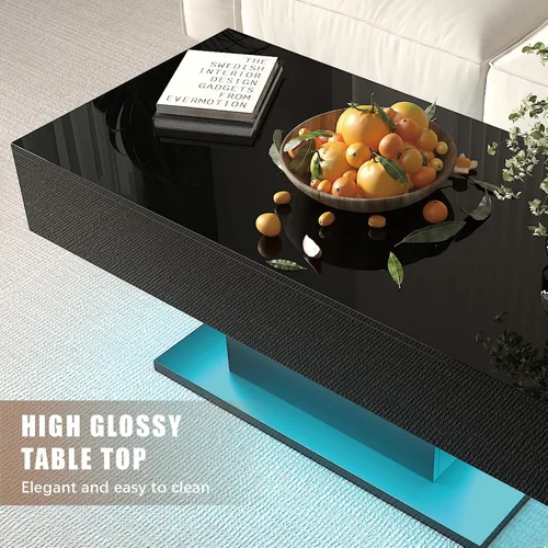 Miniatura 6 de HedoAjim - Mesa de café negra con LED y 2 cajones de almacenamiento para sala de estar, mesa rectangular de centro para sala de estar, mesas de café