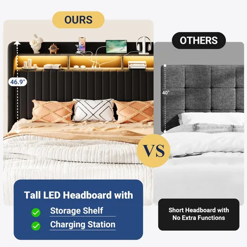 Miniatura 8 de Allewie Marco de cama de almacenamiento hidráulico elevable, tamaño King, cabecero de estante de 2 niveles con luces LED y estación de carga, Negro