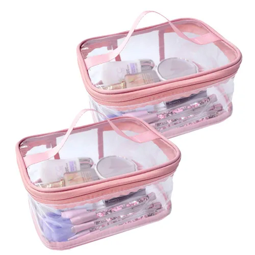 Miniatura 8 de Paquete de 2 neceseres de maquillaje, bolsa transparente para cosméticos, portátil, impermeable, transparente, para viajes, almacenamiento grande