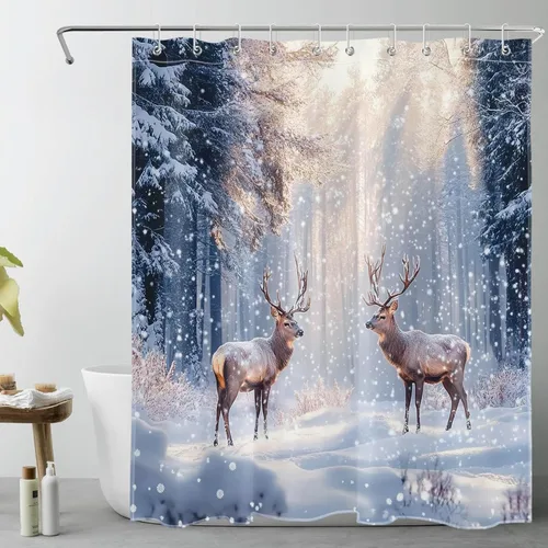 Miniatura 8 de LB Cortina de ducha de árbol de Navidad para baño, cortina de ducha abstracta de tela de pino nevado rosa y verde con ganchos, juego de cortina