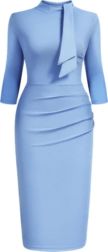 Miniatura 4 de Miusol - Vestido entallado de cóctel, plisado, estilo retro, cuello medio.