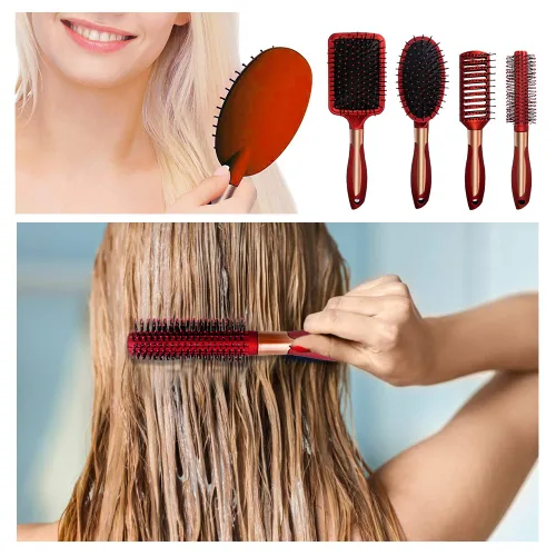Miniatura 6 de Juego de 4 cepillos para el cabello, incluye peine ovalado de masaje antiestático, cepillo desenredante, cepillo de pelo redondo, cepillo de pelo