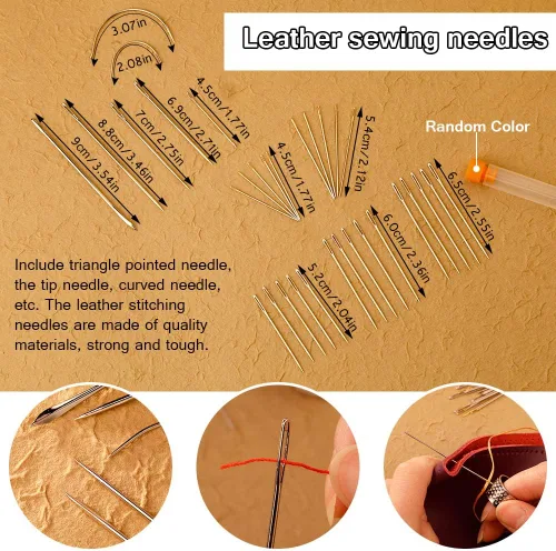 Miniatura 5 de Tikjiua Kit de costura de cuero de 59 piezas, aguja de tapicería para coser a mano, kit de costura resistente con tapicería de hilo encerado, kit