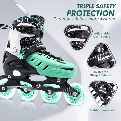 Miniatura 4 de Kuxuan - Patines en línea ajustables para niños, jóvenes y adultos, patines iluminadores con ruedas iluminadas Verde