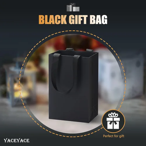 Miniatura 2 de Bolsas de regalo de papel kraft negro, 20 unidades de 5.25 x 3.75 x 8 pulgadas con asas de cinta para bodas, fiestas, cumpleaños, venta al por menor