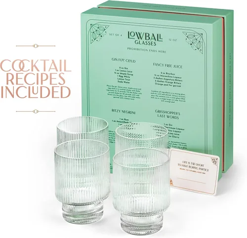 Miniatura 7 de GLASSIQUE CADEAU Vasos de cóctel vintage Art Deco acanalados, juego de 4, vasos dobles de cristal de 12 onzas para beber whisky clásico, ginebra