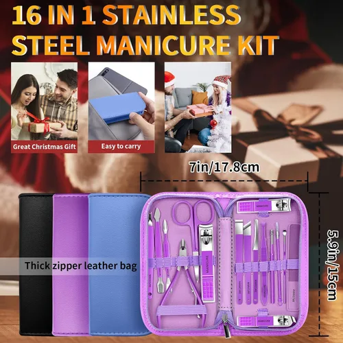 Miniatura 6 de Juego de manicura 16 en 1, kit profesional de pedicura de acero inoxidable, juego de cortaúñas para uñas de los pies, kit de aseo masculino, kit