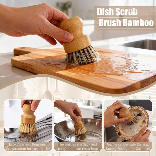 Miniatura 3 de AUEAR, Cepillo de bambú natural para fregar platos, cepillos de limpieza para ollas, cerdas de coco para sartenes de hierro fundido