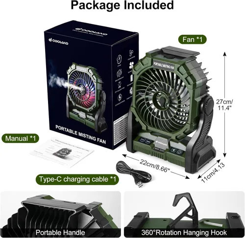 Miniatura 7 de Odoland Ventilador de camping portátil con linterna LED, ventilador de niebla recargable con batería de 20000 mAh con luz, tanque de agua de 8.5 fl