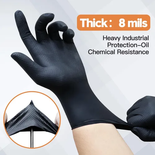 Miniatura 5 de Wostar Guantes industriales de nitrilo negro, grandes de 8 mil, con textura de diamante, sin látex y polvo, guantes resistentes, 100