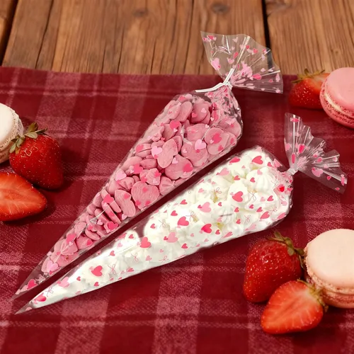 Miniatura 4 de EKAPACKAGING 50 bolsas de golosinas con forma de cono de 7 x 15 pulgadas, bolsas de palomitas de maíz de San Valentín con lazos para dulces y arroz