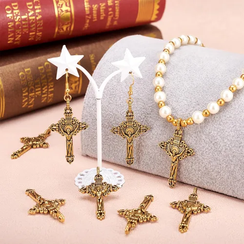 Miniatura 3 de Pandahall - 20 dijes colgantes de cruz de crucifijo estilo tibetano para rosario, cuentas sagradas, collares, joyería, oro antiguo, 1.969 x 1.102 x