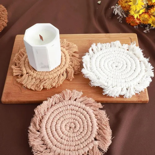 Miniatura 6 de 4 posavasos de macramé bohemios, hechos a mano con bordes de borlas, para café, hogar, cocina, oficina, decoración de mesa