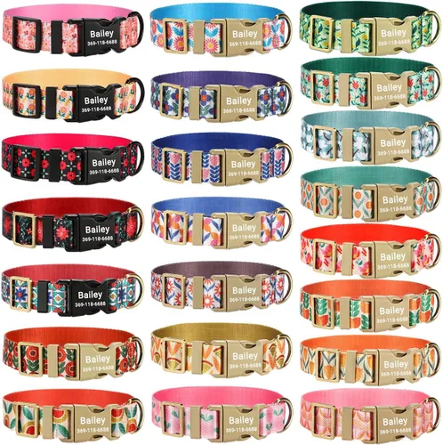 PETDURO Collares de perro personalizados, collar de perro personalizado floral de varios colores y patrones con nombre y número de teléfono grabado