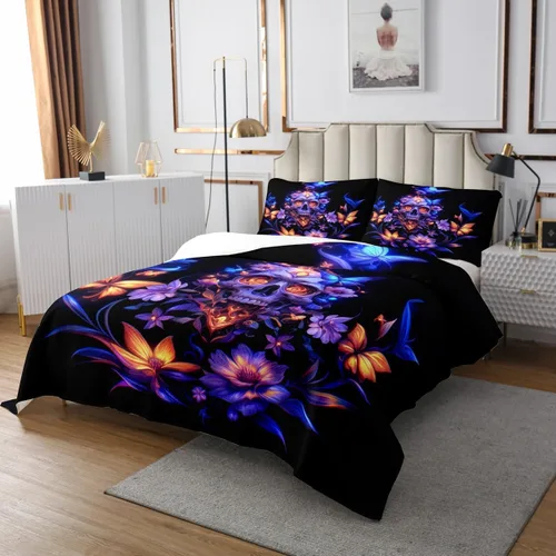 Miniatura 3 de Erosebridal Gothic Skull Coverlet Set, Mandala Flowers Hippie Butterfly Bedspread Sets for Girls Boys Kids Trippy Skull Death Skeleton Quilt Set