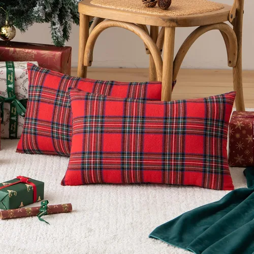 Miniatura 16 de AQOTHES Juego de 2 fundas de almohada decorativas a cuadros de Navidad para decoración rústica de casa, tartán escocés, verde, 22 x 22 pulgadas