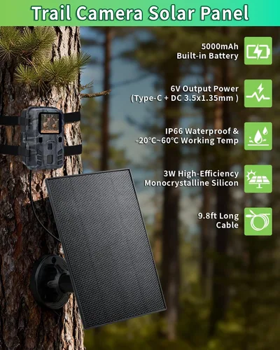 Miniatura 5 de Panel solar de cámara de sendero, cargador de panel solar de 3 W con batería de 5000 mAh y cable USB-C de 6 V y puerto de CC de 9.8 pies, panel
