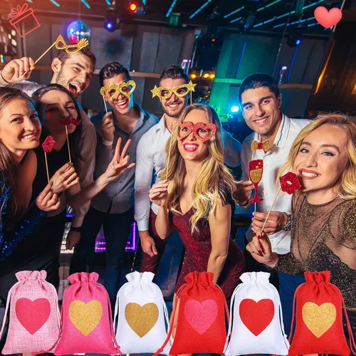 Miniatura 6 de 36 bolsas de arpillera de corazón para el día de San Valentín, 4 x 6 pulgadas, con cordón, pequeñas bolsas de joyería de lino, bolsas con cordón