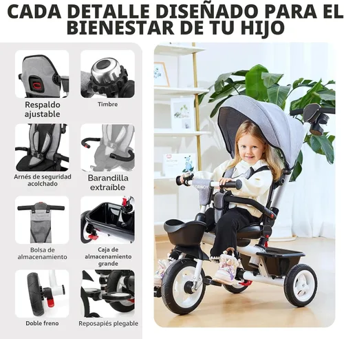 Miniatura 9 de EOOWOY Triciclo para niños pequeños con mango de empuje, triciclo 7 en 1 con asiento giratorio de 360°, respaldo reclinable, ruedas todo terreno