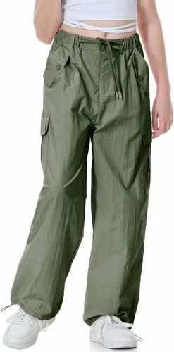 Miniatura 8 de Rolanko Pantalones de paracaídas para niñas, pantalones cargo Y2K con bolsillos, pantalones deportivos Harajuku para niños de 4 a 14 años
