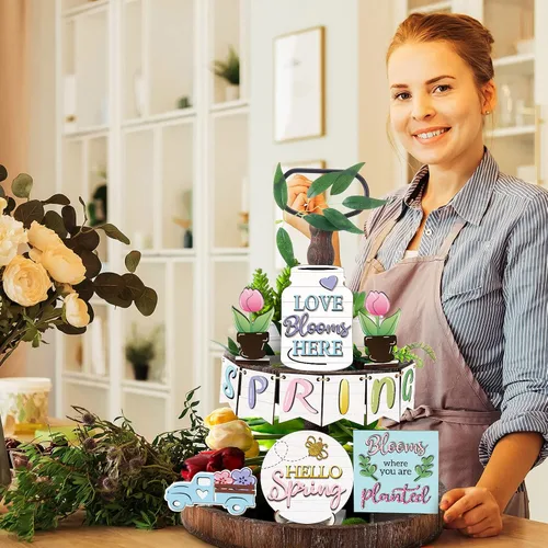 Miniatura 4 de Patelai Juego de decoración de bandejas escalonadas de madera pastel Hello Spring Decor Truck Tulipán Flower Table Signs, decoración rústica