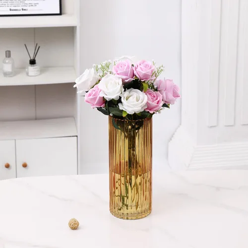 Miniatura 7 de Jarrón de vidrio ámbar para flores, jarrones de vidrio acanalados, jarrones altos de vidrio para tulipanes, jarrón de vidrio moderno para sala