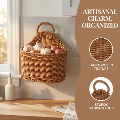 Miniatura 6 de DOITOOL Cesta de almacenamiento colgante tejida de 9.64 x 7.48 x 3.93 pulgadas, cesta de pared pequeña para cocina, ajo, jengibre, cebolla