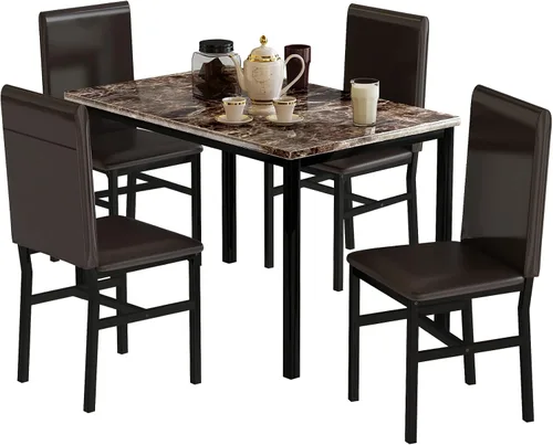 Recaceik Juego de mesa de comedor para 4, cocina y sillas con mesa de mármol sintético y 4 habitaciones tapizadas de cuero, rincón de desayuno,