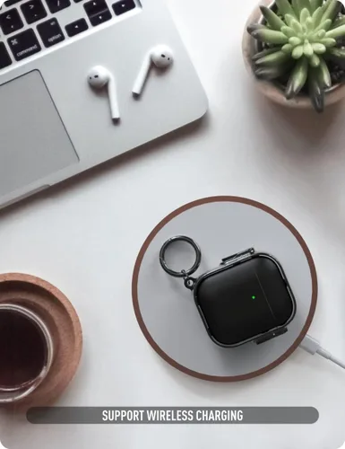 Miniatura 4 de estuche para AirPods 1ª y 2ª generación, estuche Airpod con cierre seguro con llavero de clip, funda protectora de material híbrido de cuerpo Negro