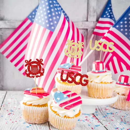 Miniatura 6 de 24 piezas de decoración de cupcakes de la Guardia Costera de la USCG con purpurina militar encuadernado con emblema para magdalenas, insignias