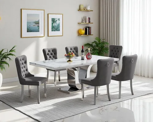 Miniatura 45 de Henf Juego de mesa de comedor de mármol sintético de 68 pulgadas para 6, juego de mesa de comedor de 7 piezas con 6 sillas copetudas de terciopelo