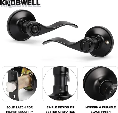 Miniatura 4 de KNOBWELL Paquete de 8 pomos de puerta color negro mate para interiores para dormitorio/baño, manijas de puerta de privacidad con cerradura de giro