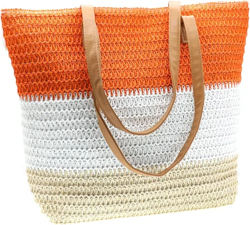Miniatura 55 de Bolso grande de paja para mujer, tejido de ratán, bolso de playa de verano, a rayas