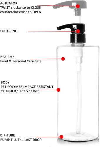 Miniatura 4 de Youngever Paquete de 4 botellas de bomba para champú de 32 onzas (1 litro), botellas vacías de champú, cilindro de plástico con bombas a prueba
