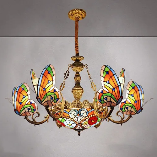 Miniatura 7 de Tiffany Style Candelabros con 7 luces de vidrieras de mariposa colgante con 6 pantallas de lámpara de mariposa, lámparas colgantes de techo rústicas