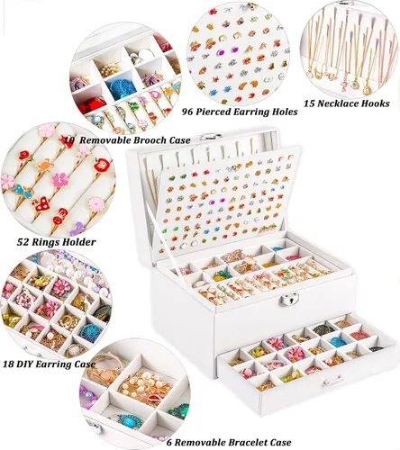 Miniatura 2 de Joyero de pendientes para mujeres y niñas, organizador de aretes de 5 capas, caja organizadora de joyas blanca con candado, collares y aretes