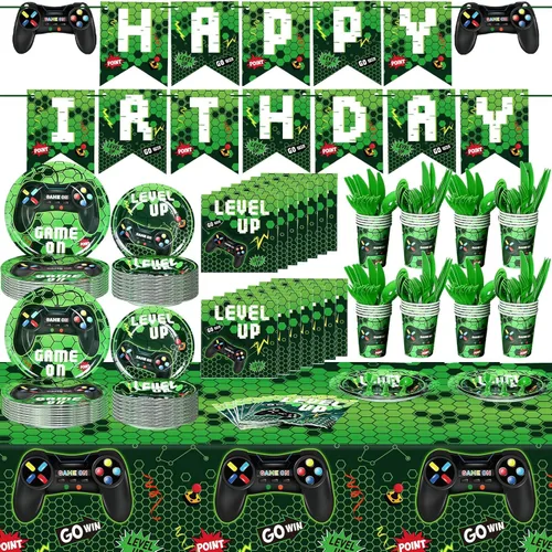 Tiamon 172 piezas de decoración de fiesta de videojuegos – Sirve 24 suministros de vajilla de fiesta de juegos, incluye pancartas de feliz