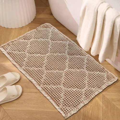ZALL Tapete de baño de punto gofre, súper absorbente, antideslizante, color marrón, 17 x 24 pulgadas, patrón geométrico de diamante, lavable a