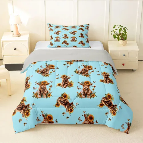 Miniatura 45 de Juego de ropa de cama de vaca de las tierras altas, edredón de ganado de las tierras altas, juego de edredón rosa floral de vaca occidental, juego