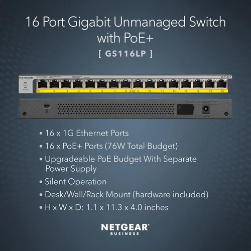 Miniatura 2 de NETGEAR Conmutador PoE no administrado Gigabit Ethernet de 16 puertos (GS116LP) - con 16 x PoE+ @ 76W actualizable, para escritorio, montaje