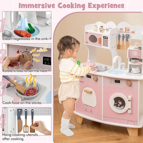 Miniatura 2 de HONEY JOY Juego de cocina, juego de cocina grande de madera para niños pequeños y cafetera, microondas, lavadora, fregadero, utensilios de cocina