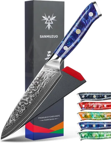 Miniatura 9 de Cuchillo utilitario de cocina de 5 pulgadas, cuchillos de cocina de la serie Xuan, acero de damasco VG10 con mango de resina (naranja fantasía)