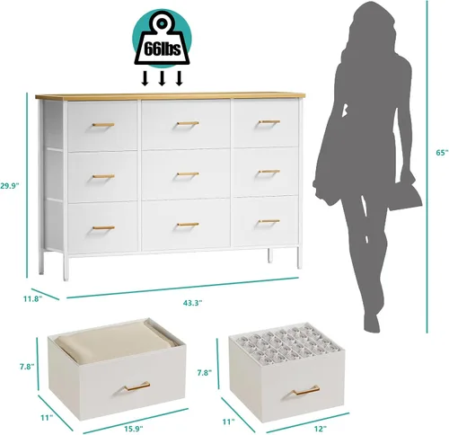 Miniatura 3 de VASICAR Soporte de TV ancho para consola de TV moderna, cómoda de 9 cajones para dormitorio, armario de almacenamiento de tela, cómoda para armario