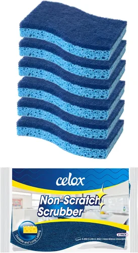 CELOX Paquete de 6 esponjas de cocina antiarañazos, esponjas de cocina de doble cara para platos, esponjas de limpieza para el hogar de larga Azul -