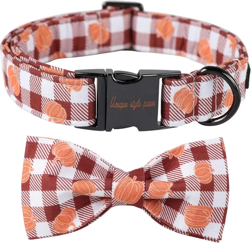 Collar de perro de estilo único con lazo de calabaza de Halloween, collar de perro de algodón con lazo de calabaza a cuadros para perros pequeños,