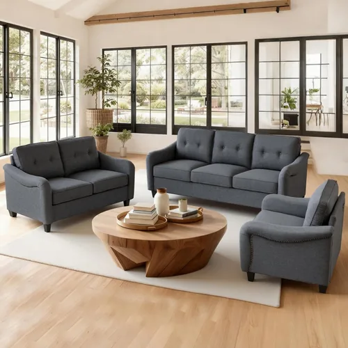 Juego de muebles de sala de estar de 3 piezas, sofá de tres asientos y sofá biplaza, sillón Singel con ribete de cabeza de clavo, tapizado de lino