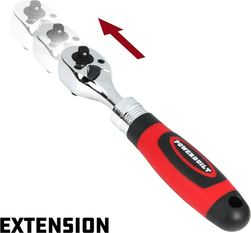 Miniatura 2 de Powerbuilt Trinquete extensible de doble tamaño, accionamiento de 1/4 y 3/8 pulgadas, 72 dientes, columpio de 5 grados, ligero, mango de goma rojo