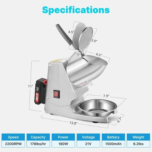 Miniatura 4 de Máquina de afeitar de hielo portátil inalámbrica, 178 libras/h de doble hoja y una sola batería Máquina trituradora de hielo a batería de 180 W